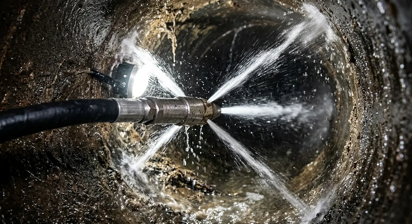 High-pressure hydro jetting nozzle cleaning sewer pipe for Emergency Drain Service in Scio