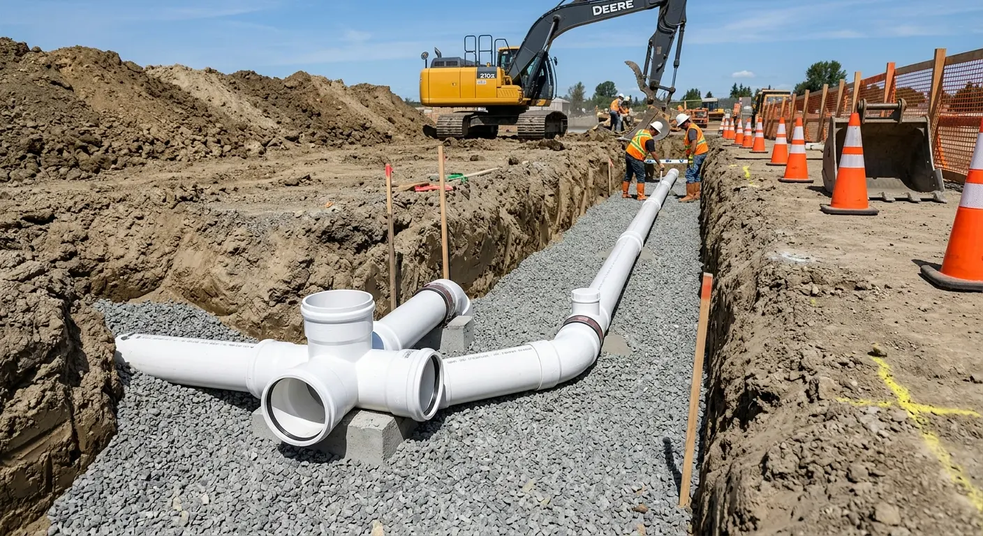 New PVC sewer pipe installation in open trench for Commercial Drain Cleaning in Scio