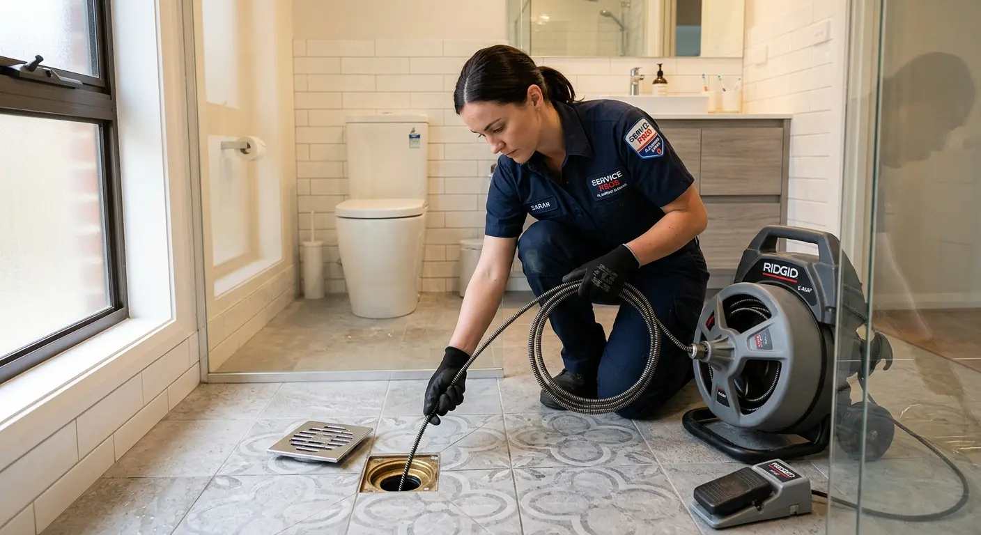 Technician clearing a bathroom floor drain for Clogged Drain Repair in Scio